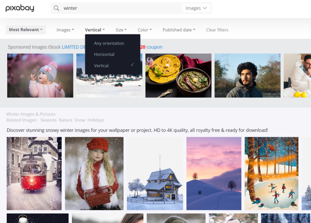 Pixabay search results page allows to choose either horizontal or vertical images, which is perfect for mocking our Pinterest-like stacked-images layout.