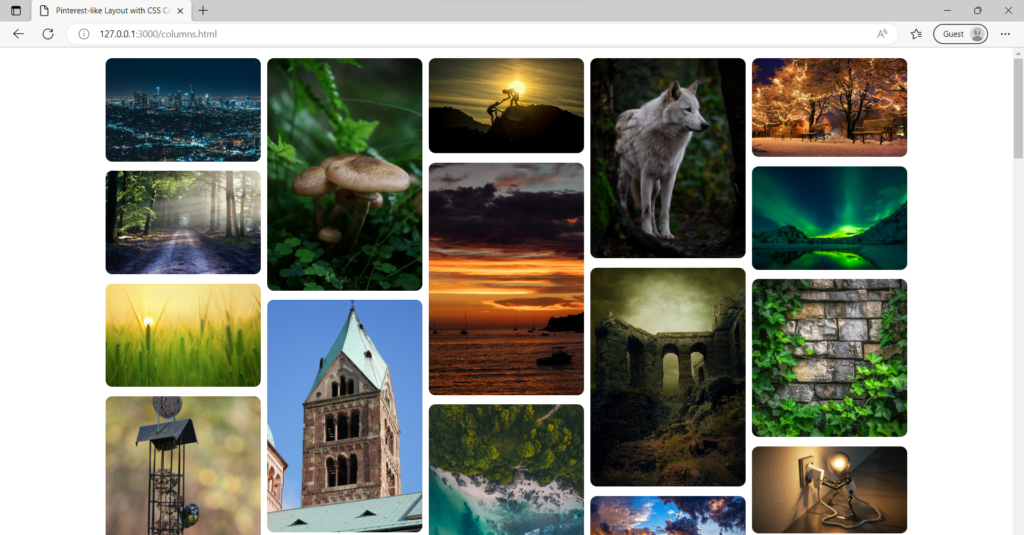 Final demo of the CSS-only Pinterest-like layout created with columns CSS property.