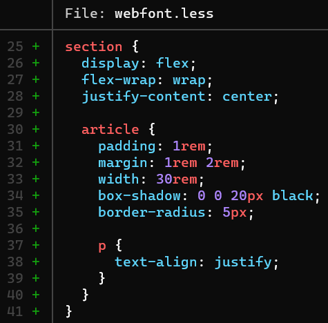 Excerpt of the most important CSS/LESS rules for styling the HTML before applying CSS font-face syntax.