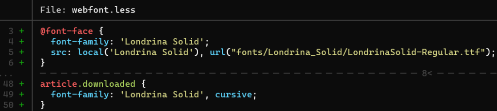 The @font-face example to configure downloaded CSS custom font.