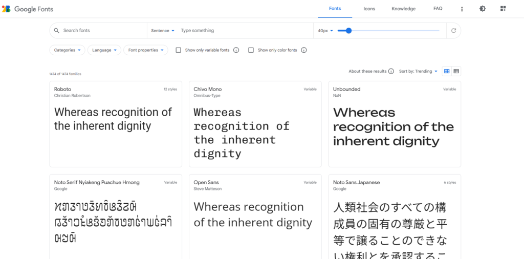 How to search for fonts at Google Fonts - fonts.google.com.