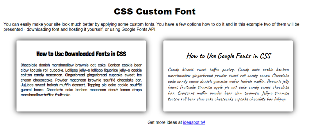 Final outcome of importing custom CSS font using either a downloaded font and CSS @font-face property or importing a Google Font.