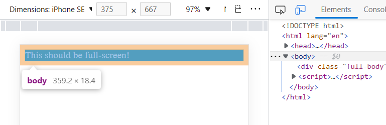 The div is not full screen in HTML because the body is 18px high!