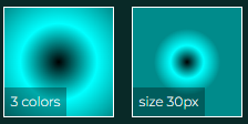 Effects of adding a third color and setting fixed size of the CSS radial gradient.