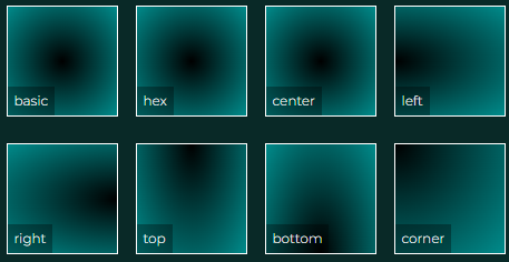 Examples of basic radial-gradient() CSS function usage. Various way to position the center of the radial gradient.